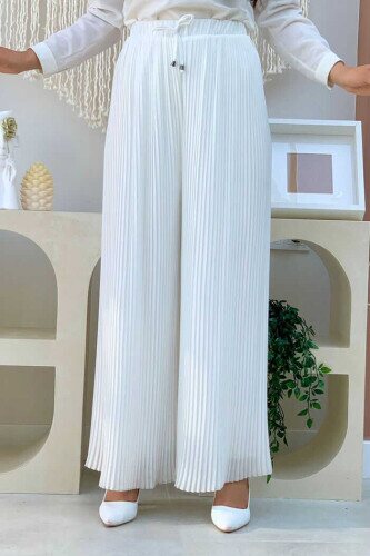 Bel Lastikli Bağcık Görünümlü Piliseli Pantolon 0129 Ekru 