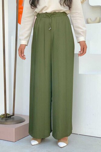 Bel Lastikli Bağcık Görünümlü Piliseli Pantolon 0129 Haki - bym fashion