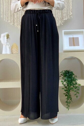 Bel Lastikli Bağcık Görünümlü Piliseli Pantolon 0129 Siyah - bym fashion