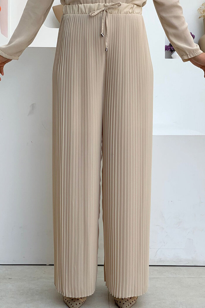 Bel Lastikli Bağcık Görünümlü Piliseli Pantolon 0129 Taş - 3