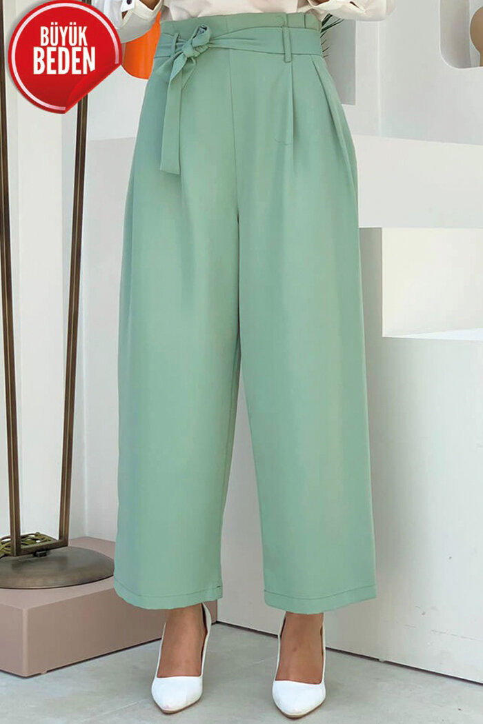 Büyük Beden Fermuarlı Bel Bağcıklı Pantolon 0174-1 Mint - 3