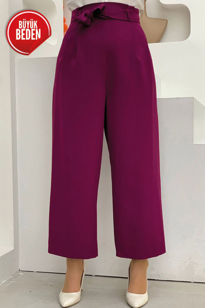 Büyük Beden Fermuarlı Bel Bağcıklı Pantolon 0174-1 Mor - 3