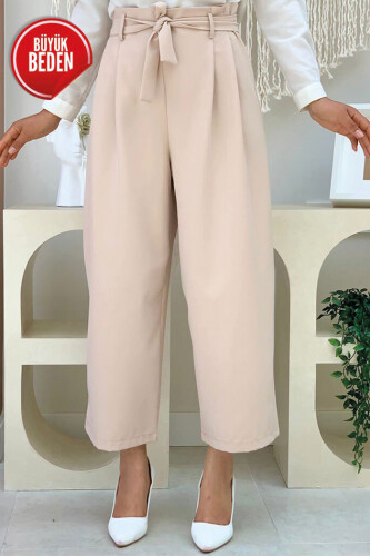 Büyük Beden Fermuarlı Bel Bağcıklı Pantolon 0174-1 Taş - 3