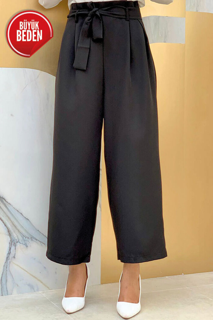 0174-1 Large Size Waist Tied Trousers Black - 3