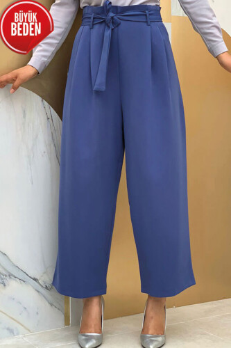 0174-1 Large Size Waist Tied Trousers Indigo - 3