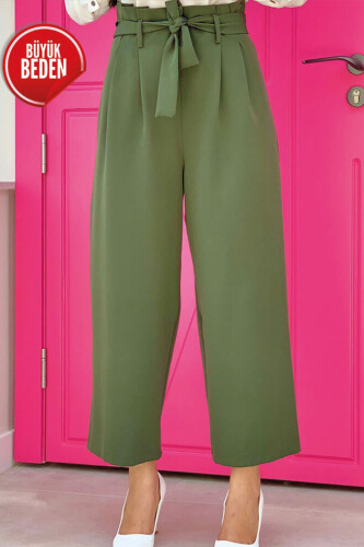 0174-1 Large Size Waist Tied Trousers Khaki - 3