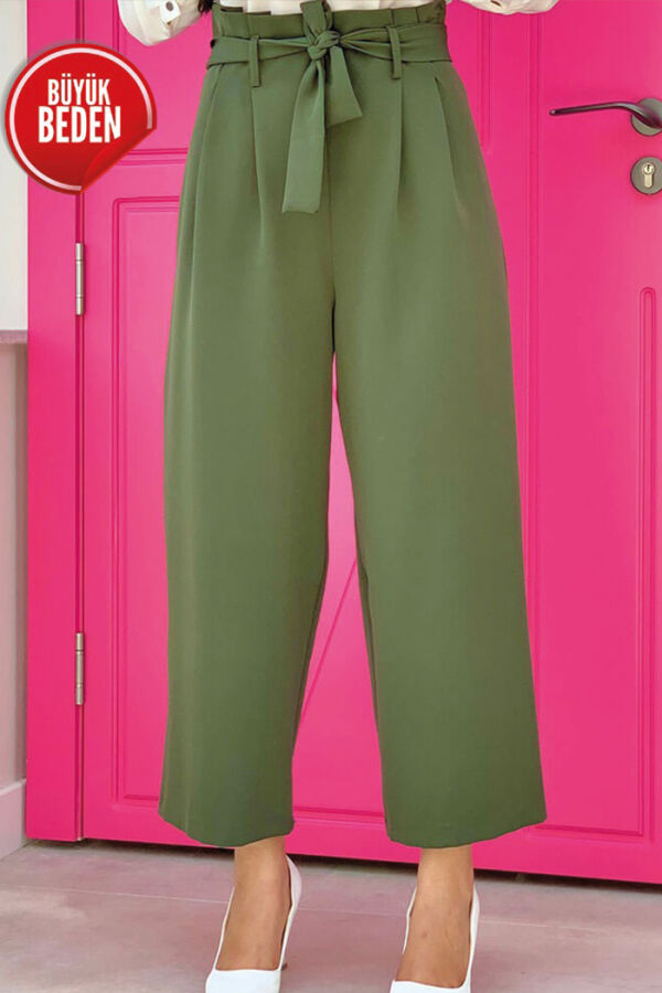 0174-1 Large Size Waist Tied Trousers Khaki - 3