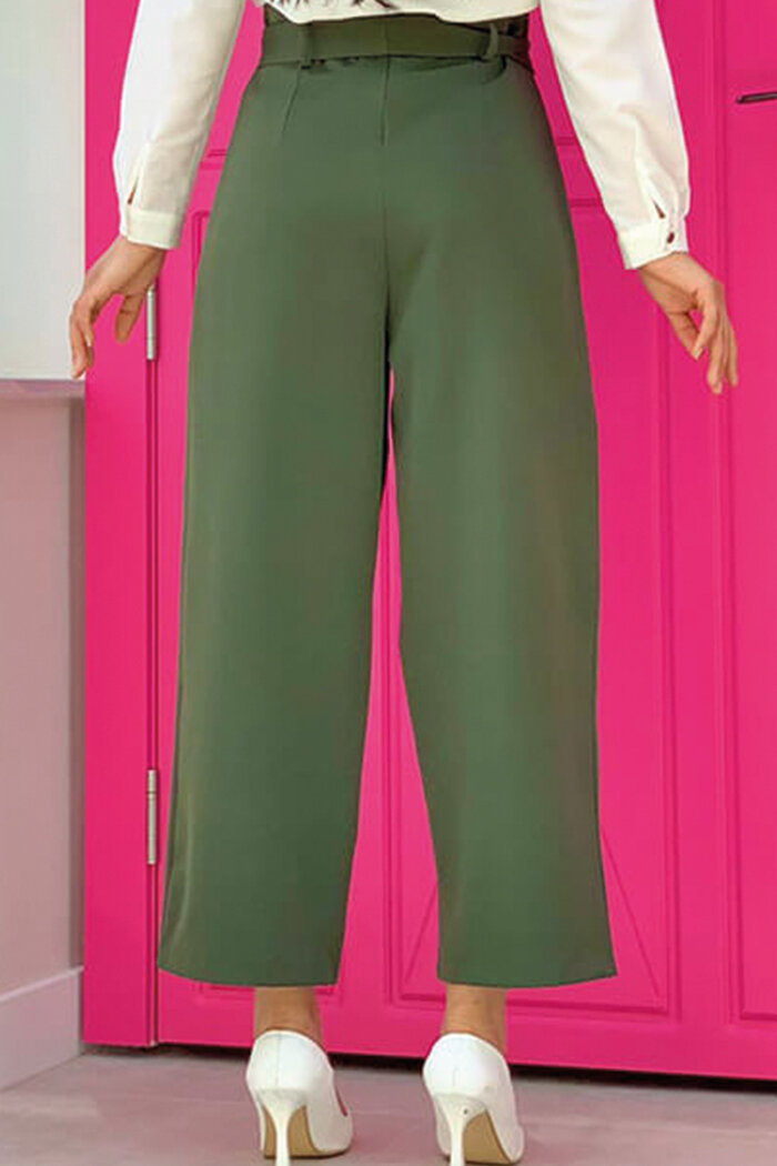 0174-1 Large Size Waist Tied Trousers Khaki - 4