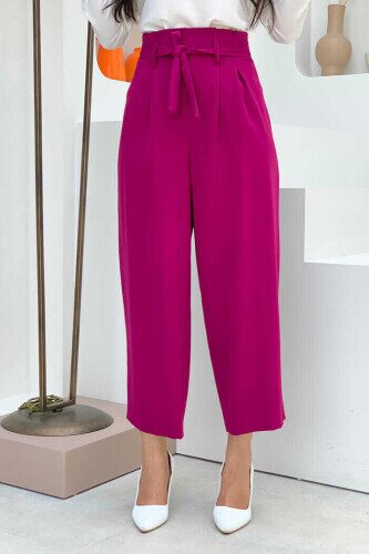 Fermuarlı Bel Bağcıklı Pantolon 0174 Fuşya 