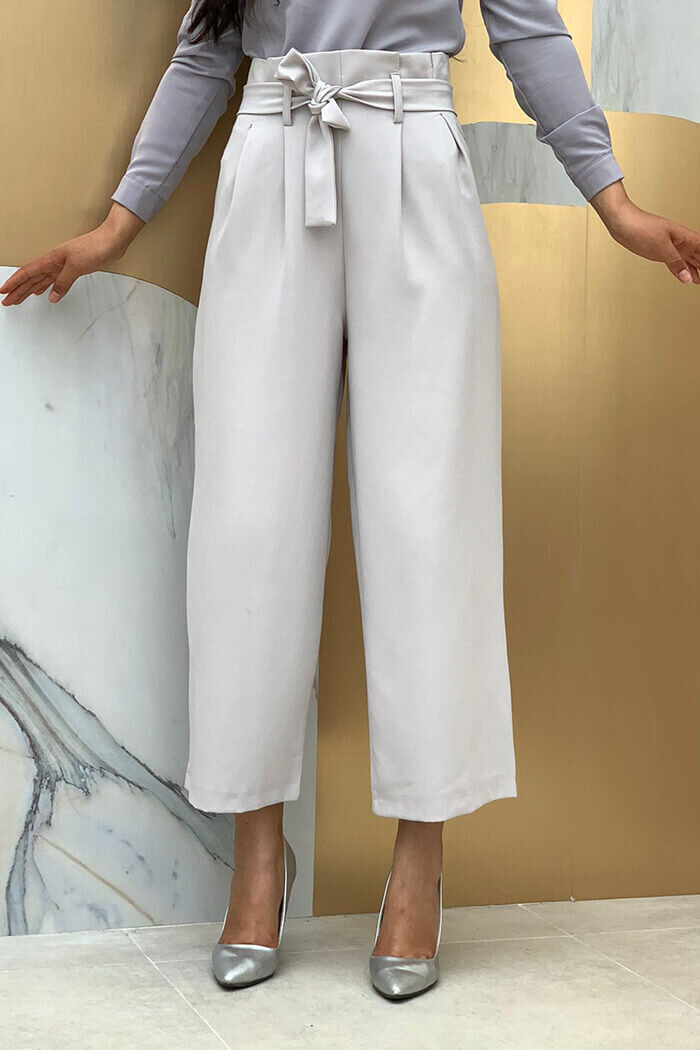 Fermuarlı Bel Bağcıklı Pantolon 0174 Gri - 2