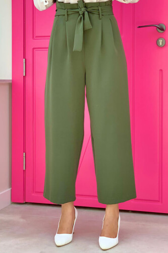 Fermuarlı Bel Bağcıklı Pantolon 0174 Haki - 2