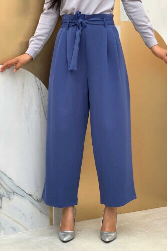 Fermuarlı Bel Bağcıklı Pantolon 0174 İndigo 
