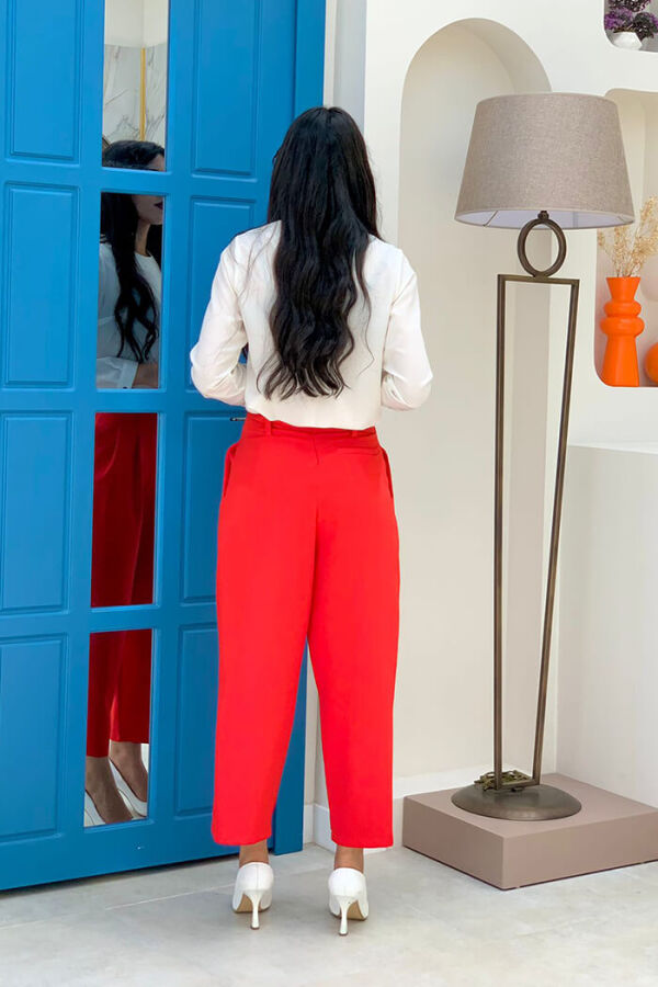 Fermuarlı Bel Bağcıklı Pantolon 0174 Kırmızı - 4