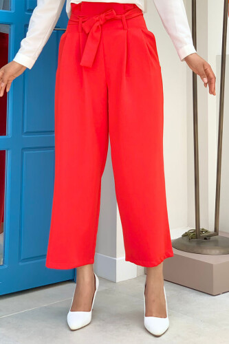 Fermuarlı Bel Bağcıklı Pantolon 0174 Kırmızı - 2