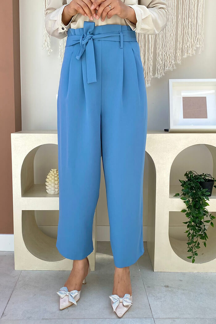 Fermuarlı Bel Bağcıklı Pantolon 0174 Mavi - 2