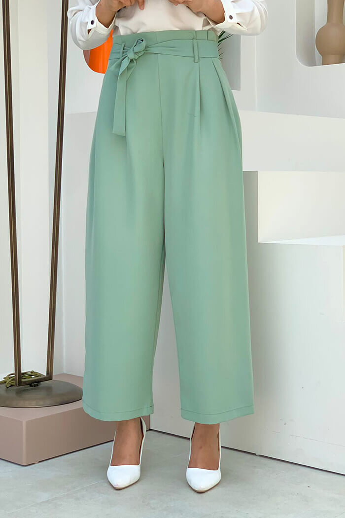 Fermuarlı Bel Bağcıklı Pantolon 0174 Mint - 2