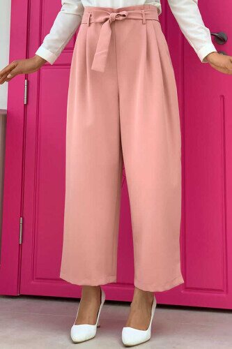 Fermuarlı Bel Bağcıklı Pantolon 0174 Pudra - bym fashion