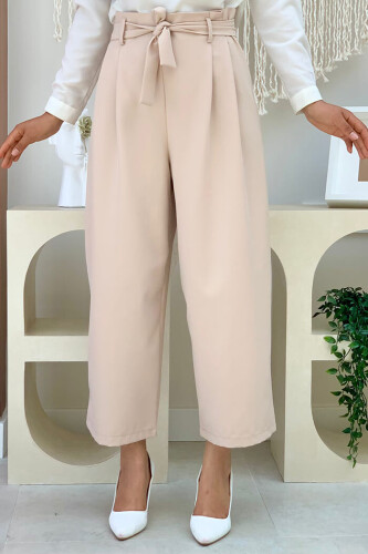 Fermuarlı Bel Bağcıklı Pantolon 0174 Taş