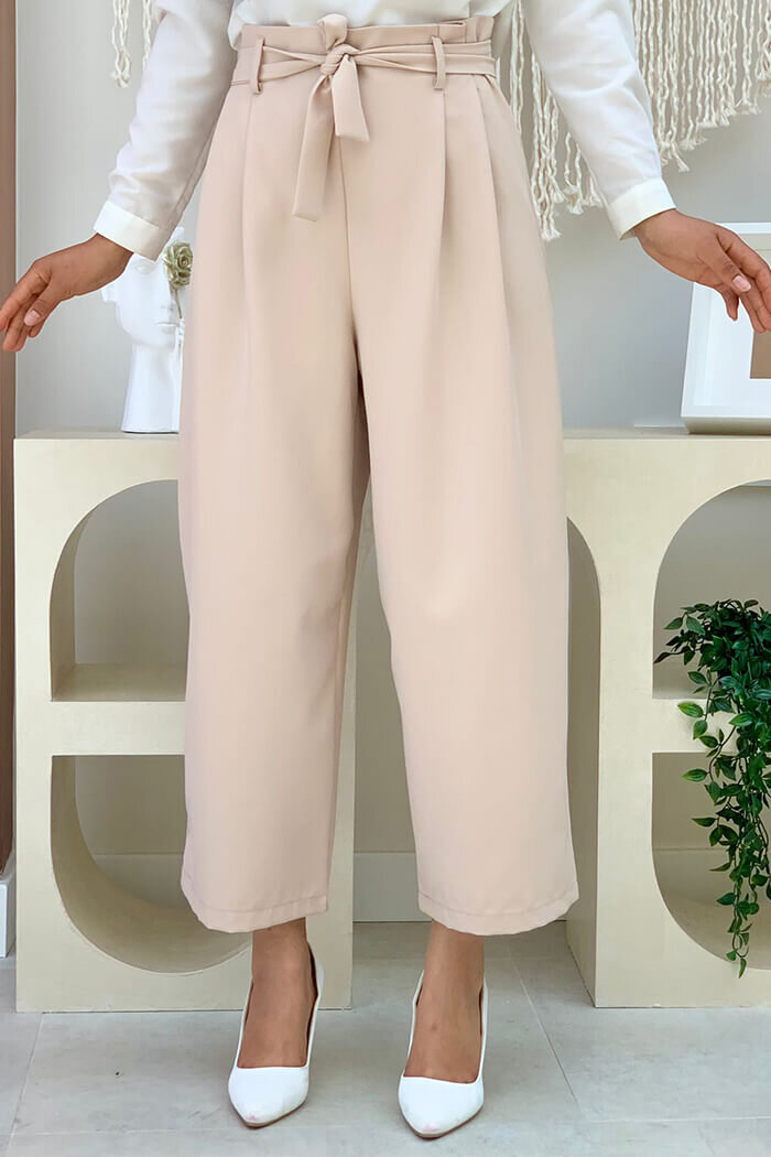 Fermuarlı Bel Bağcıklı Pantolon 0174 Taş - 2
