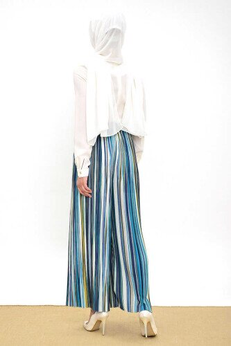 Bel Lastikli Renkli Çizgi Desenli Pantolon 0204 Mint - 3