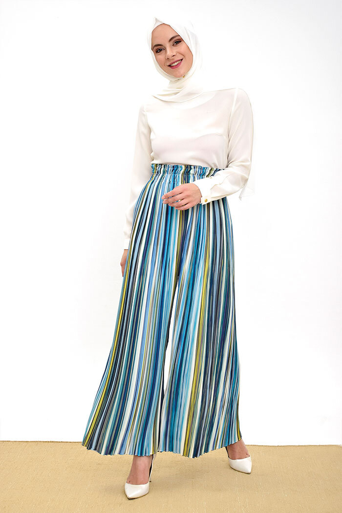 Bel Lastikli Renkli Çizgi Desenli Pantolon 0204 Mint - 5
