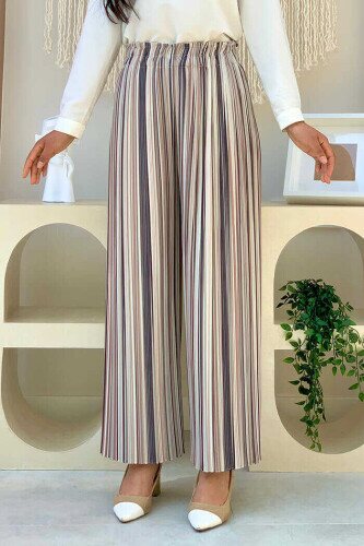 Bel Lastikli Renkli Çizgi Desenli Pantolon 0204 Taş - bym fashion