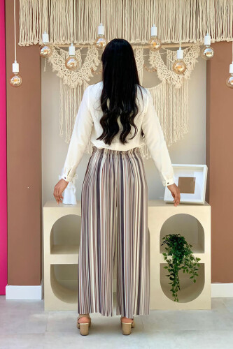 Bel Lastikli Renkli Çizgi Desenli Pantolon 0204 Taş - 4