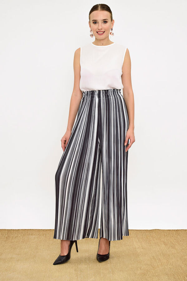 Elastic Waist Color Line Pattern Trousers 0204 Black - 6