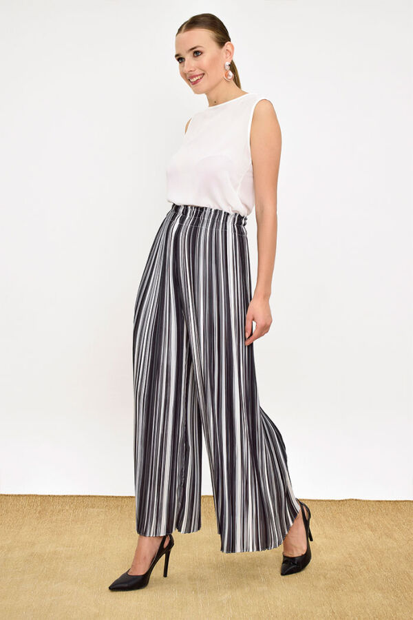 Elastic Waist Color Line Pattern Trousers 0204 Black - 7