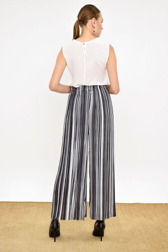 Elastic Waist Color Line Pattern Trousers 0204 Black - 8