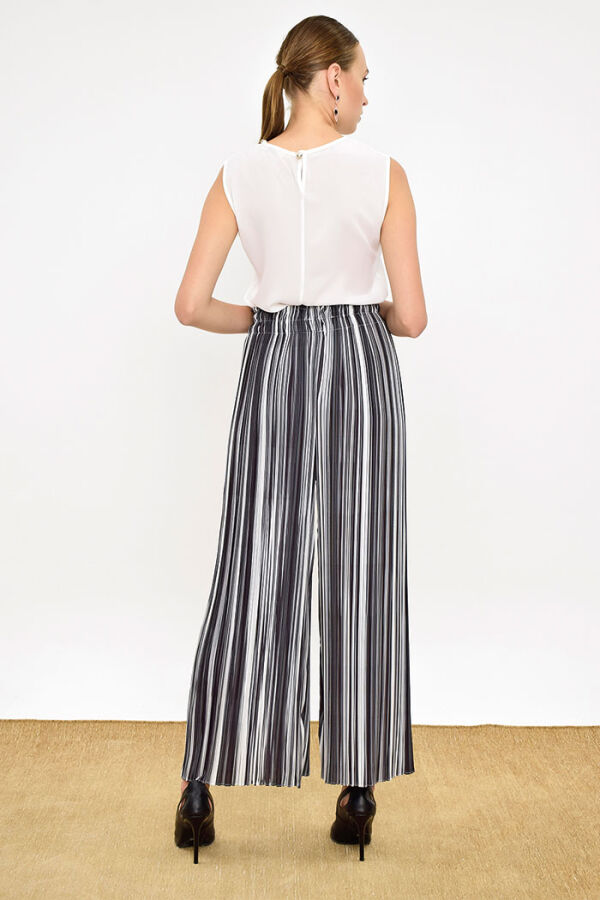 Elastic Waist Color Line Pattern Trousers 0204 Black - 8