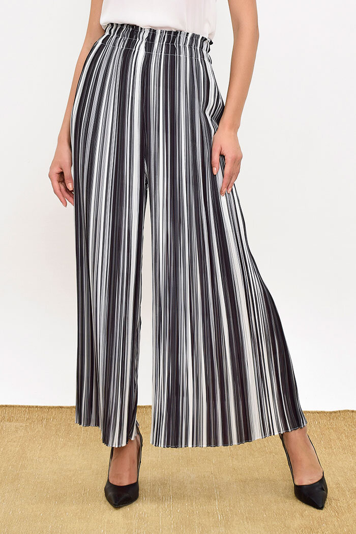 Elastic Waist Color Line Pattern Trousers 0204 Black - 5