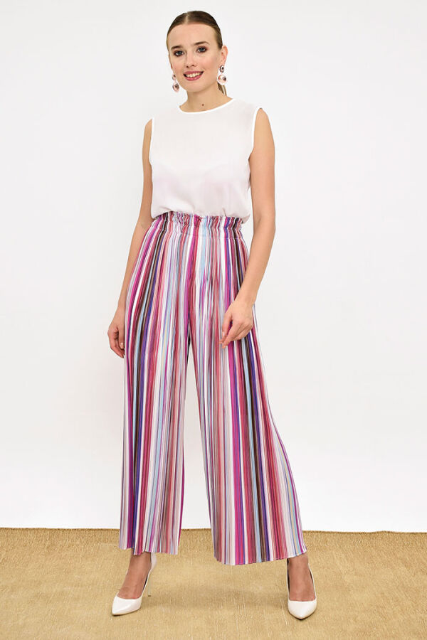 Elastic Waist Colored Line Pattern Trousers 0204 Fuchsia - 6