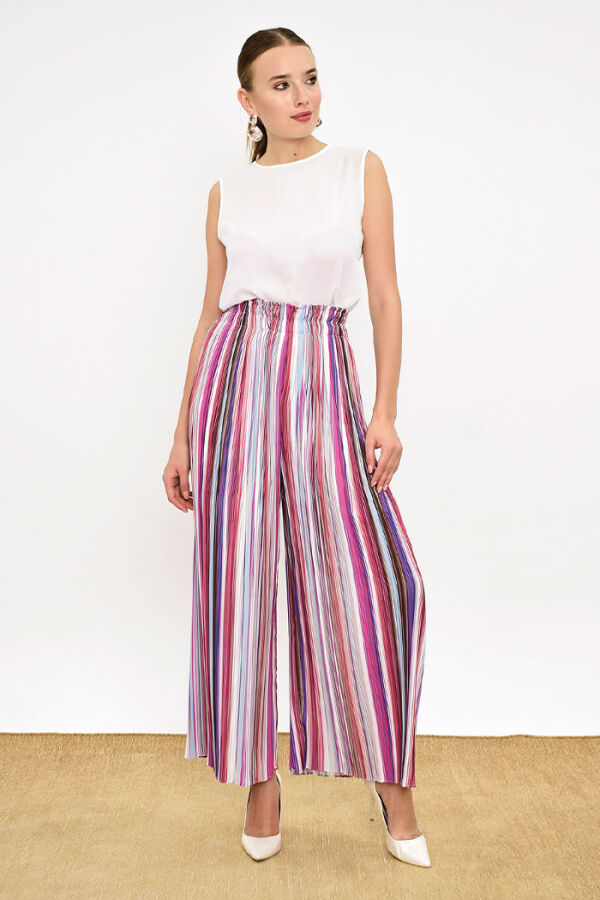 Elastic Waist Colored Line Pattern Trousers 0204 Fuchsia - 7