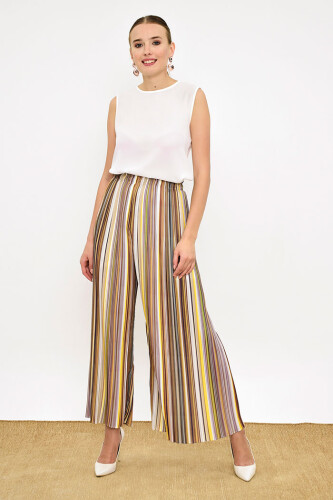 Elastic Waist Color Line Pattern Trousers 0204 Mustard - 6
