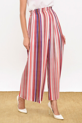 Elastic Waist Colored Line Pattern Trousers 0204 Powder - 5
