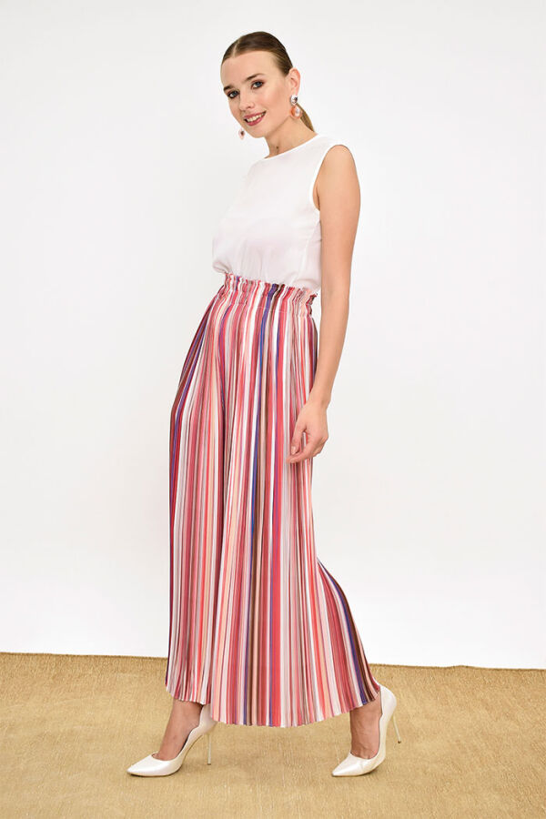 Elastic Waist Colored Line Pattern Trousers 0204 Powder - 7