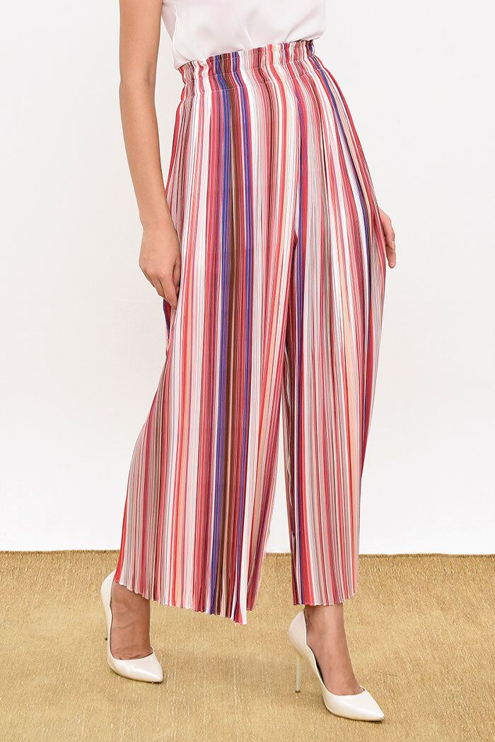 Elastic Waist Colored Line Pattern Trousers 0204 Powder - 5
