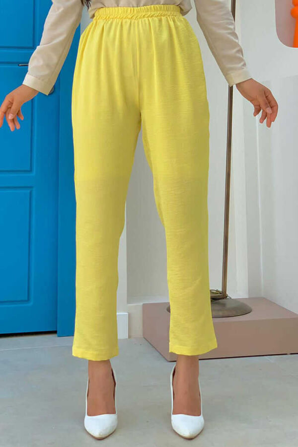 Bel Lastikli Saten Kalem Pantolon 0228 Sarı - 1