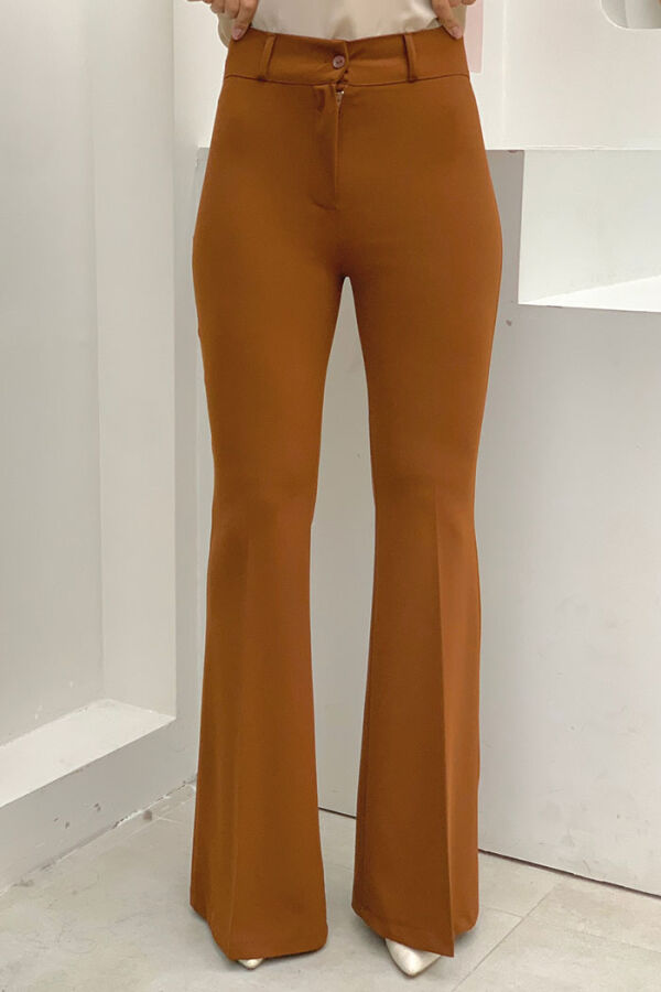Bel Fermuarlı İspanyolpaça Pantolon 0231 Koyu Taba - 3