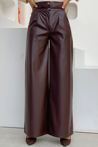 Fermuarlı Düğme Detaylı Deri Cepli Pantolon 0253 Bordo - 3