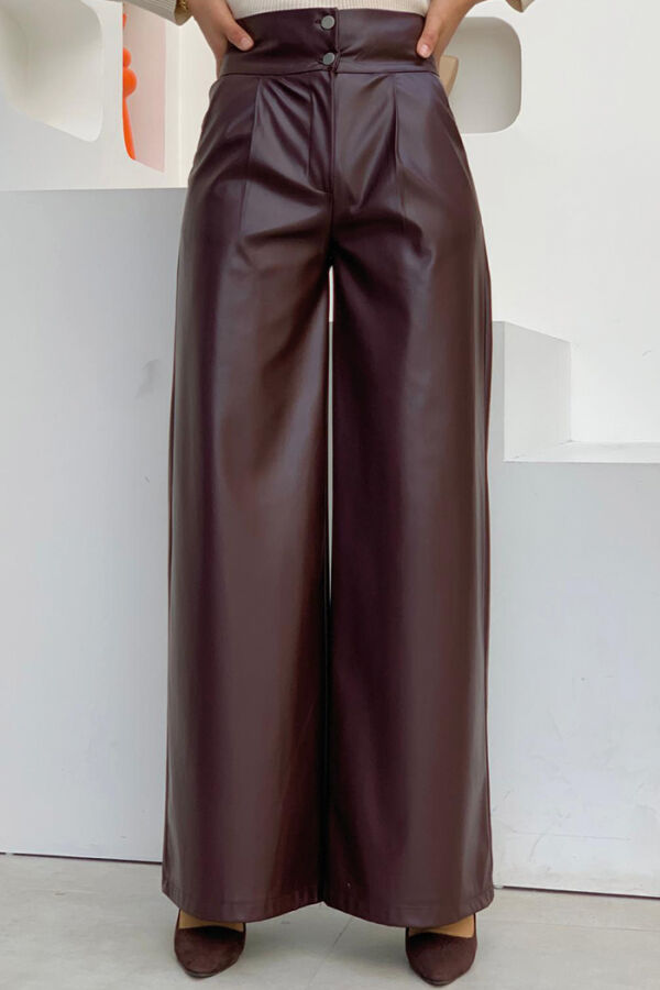 Fermuarlı Düğme Detaylı Deri Cepli Pantolon 0253 Bordo - 3