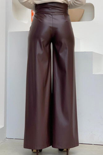 Fermuarlı Düğme Detaylı Deri Cepli Pantolon 0253 Bordo - 4