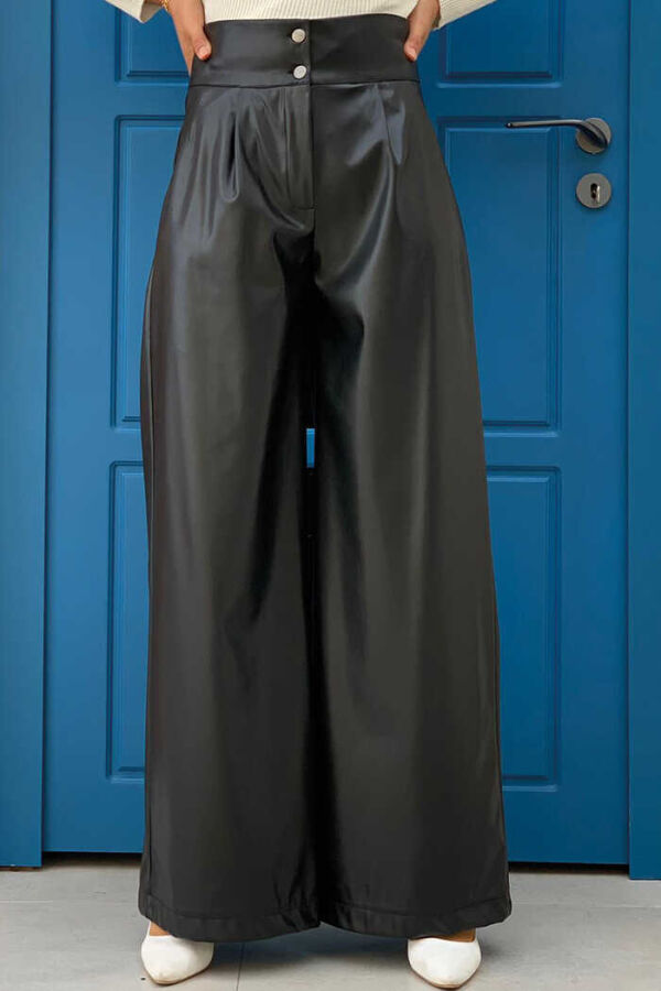 Zippered Button Detailed Leather Pocket Trousers 0253 Black - 1