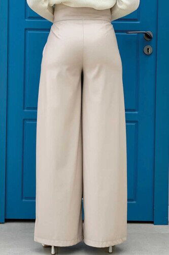 Hose mit Reißverschluss und Knopfdetail aus Leder mit Taschen 0253 Stone - 2