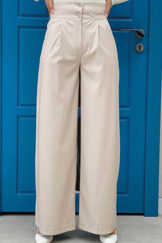 Zippered Button Detailed Leather Pocket Trousers 0253 Stone 