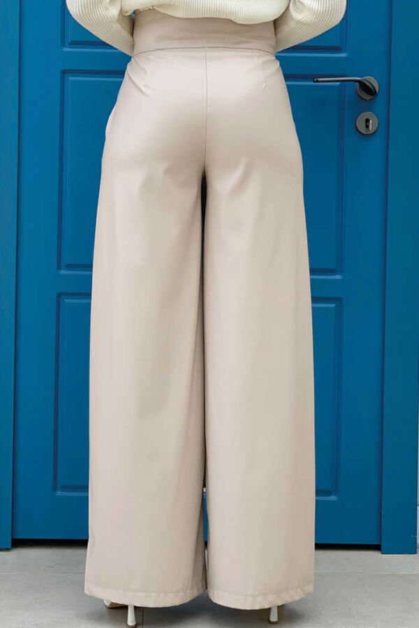 Zippered Button Detailed Leather Pocket Trousers 0253 Stone - 2