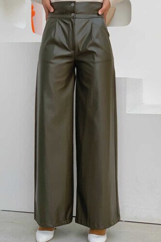 Hose mit Reißverschluss und Knopfdetail aus Leder mit Taschen, 0253 Khaki 