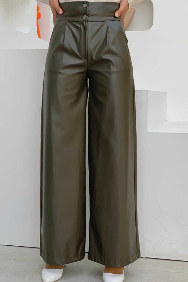 Hose mit Reißverschluss und Knopfdetail aus Leder mit Taschen, 0253 Khaki - 1