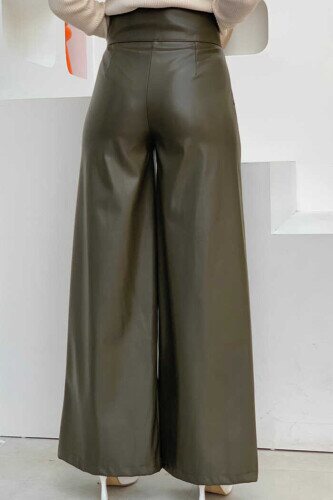 Hose mit Reißverschluss und Knopfdetail aus Leder mit Taschen, 0253 Khaki - 2